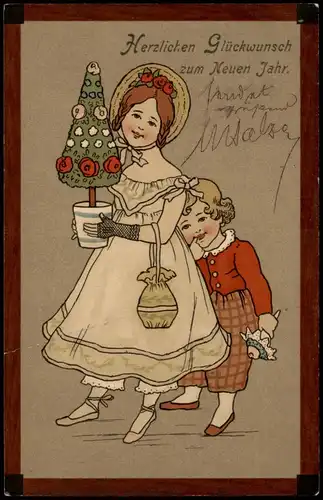 Neujahr/Sylvester Mutter und Kind Tannenbaum Künstlerkarte 1909