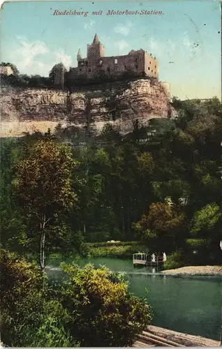 Ansichtskarte Saaleck-Bad Kösen Rudelsburg mit Motorboot-Station 1911