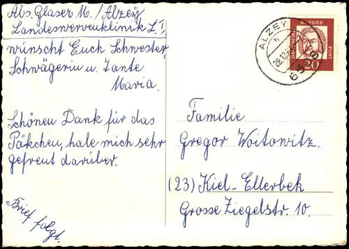 Weihnachten Christmas Gruss-AK mit Glocken 1964   gel Stempel ALZEY