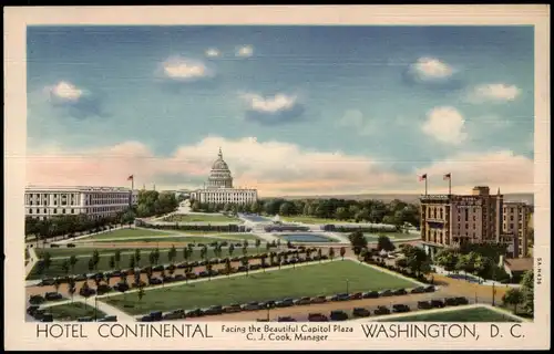 Postcard Washington D.C. HOTEL CONTINENTAL facing Capitol Plaza 1930