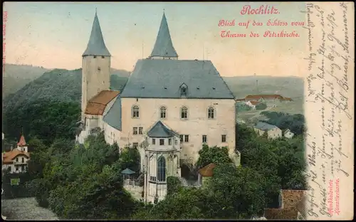 Rochlitz Schloss v.d. Petrikirche aus, handkolorierte Künstlerkarte 1903