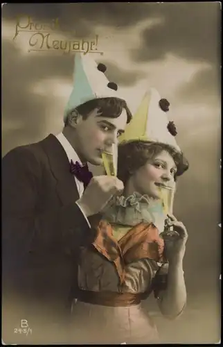 Ansichtskarte  Glückwunsch Prosit Neujahr/Sylvester Paar mit Sektgenuss 1920