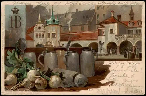 München Hofbräuhaus, Bierseidel Künstler-Litho 1900  gel. Ankunftsstempel Lauda