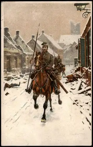 Ansichtskarte  Künstlerkarte - Militär Winter Patouille Reiter 1917