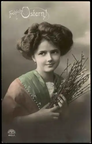 Ansichtskarte  Glückwunsch Ostern Easter hübsche Frau gratuliert 1913