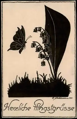 Glückwunsch Pfingsgrüsse Pfingsten Schattenriss Schmetterling Blumen 1931