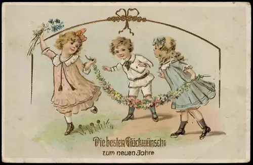 Ansichtskarte  Glückwunsch Neujahr/Sylvester mit Kinderreigen 1912 Goldrand