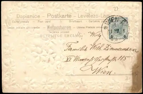 Glückwunsch Neujahr/Sylvester Kleeblätter Verziehrung 1901 Prägekarte