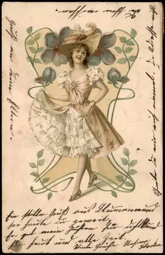 Menschen Soziales Leben Frau im Kleid mit Hut Blumen verziert 1907