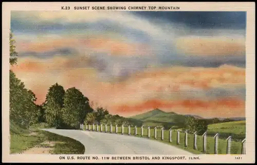 Tennessee  SUNSET SCENE  U.S. ROUTE NO. 11 BETWEEN BRISTOL AND KINGSPORT 1940