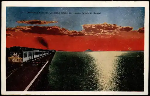 Utah  Overland Limited Crossing Great Salt Lake Utah at Sunset 1930