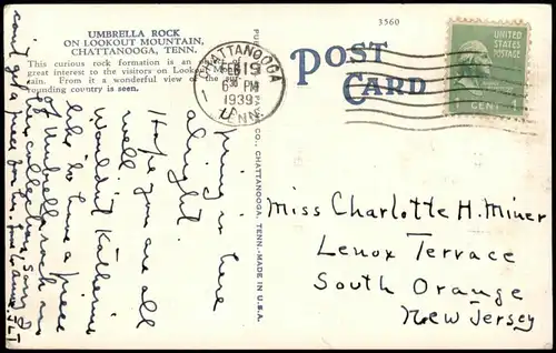 Tennessee Allgemein UMBRELLA ROCK ON LOOKOUT MOUNTAIN, CHATTANOOGA 1939