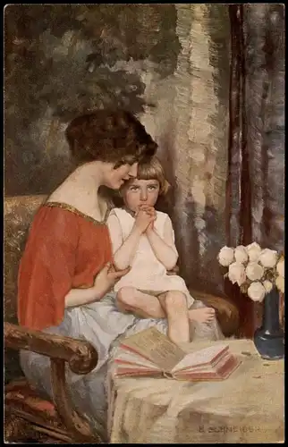E SCHNEIDER Nachtgebet Künstlerkarte: Gemälde / Kunstwerke 1913