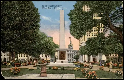 Postcard Savannah (Georgia) GREENE MONUMENT, Denkmal, Georgia USA 1930