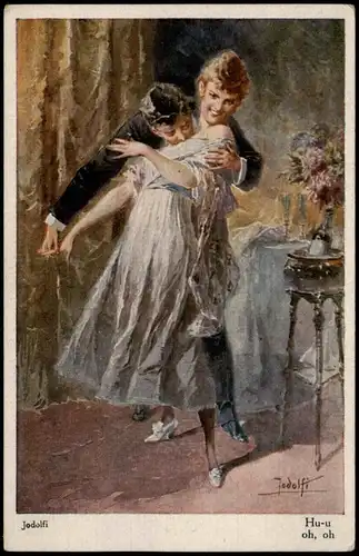 Ansichtskarte  Jodolfi "Hu-u oh, oh" Mann küsst Frau beim Tanzen 1910