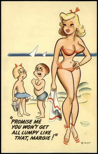 Ansichtskarte  Humor Card Kinder staunen über sexy Blondine im Bikini 1960