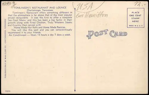 Postcard Chattanooga TOMLINSON'S RESTAURANT AND LOUNGE RESTAURANT 1930
