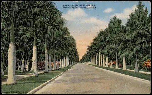 Postcard Fort Myers PALM-LINED FIRST STREET 1949