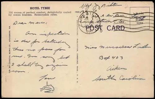 Postcard Savannah (Georgia) HOTEL TYBEE, SAVANNAH BEACH, GEORGIA 1950