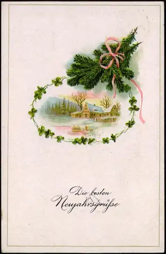 Neujahr/Sylvester Winterlandschaft Tannenzweige - Kleeblattrahmung 1918