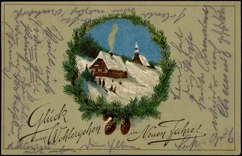 Glückwunsch - Neujahr/Sylvester Winterlandschaft Tannenkrenz 1919