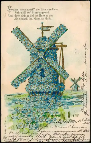 Ansichtskarte  Windmühle aus Feilchen - Vergiss mein Nicht 1904 Goldrand