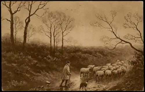 Künstlerkarte Gemälde Kunstwerk mit Schäfer u. Schafherde 1920