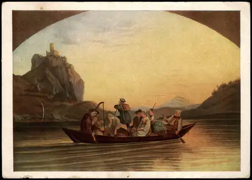 Künstlerkarte Überfahrt über die Elbe am Schreckenstein 1960