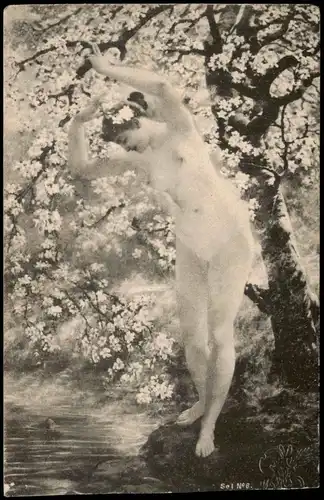 Ansichtskarte  Künstlerkarte Frau erotisch unter Blüten Baum 1900