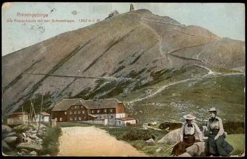 Krummhübel Karpacz Riesengebirge Riesenbaude mit der Schneekopp 1912