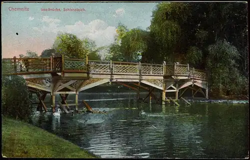 Ansichtskarte Chemnitz Inselbrücke, Schlossteich. 1907