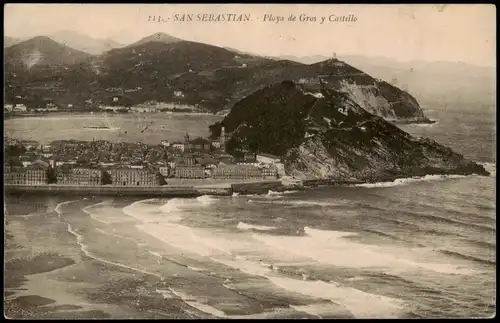 San Sebastian Donostia / Donosti Playa de Gros y Castillo, Panorama-Ansicht 1914