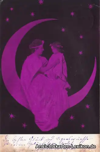 Ansichtskarte  Frau mit Kind auf dem Mond sitzend - Künstler AK 1905