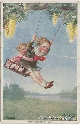 Ansichtskarte  Unter duftenden Zweigen - schaukelnde Kinder 1927