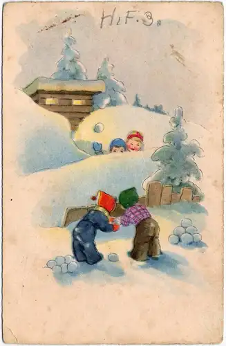 Ansichtskarte  Schneeballschlacht - Kinder (Künstlerkarte) 1932