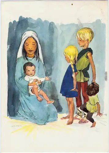  Künstlerkarte Kinder scahuen auf Frau mit Kind 1975