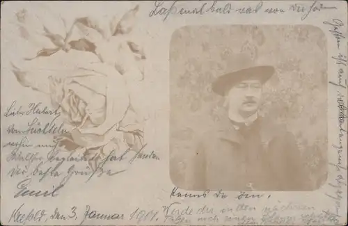 Ansichtskarte Fotopostkarte Mann mit Hut: Stempel Metz 1901 Privatfoto