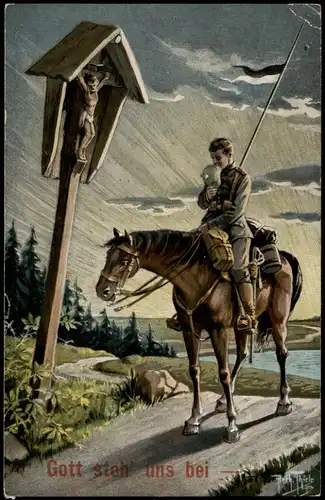 Ansichtskarte  Junger Soldat, Wegkreuz Stimmungsbild Militaria WK1 1913