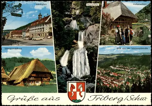 Triberg im Schwarzwald Mehrbild: Schwarzwaldhaus, Trachten, Markt 1969