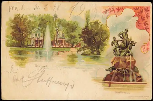 Ansichtskarte Litho AK Fürth 2 Bild Park und Brunnen 1898   gel. Bahnpoststempel
