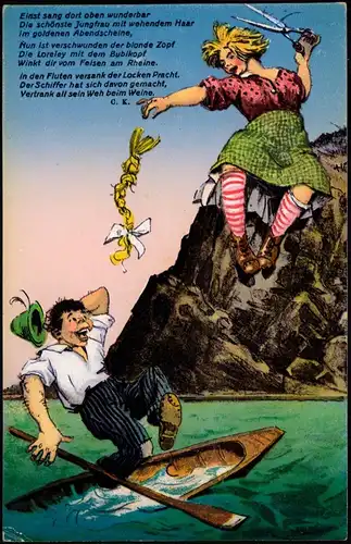 St. Goarshausen Loreleyfelsen am Rhein, Humor-Karte mit Jungfrau ohne Zopf 1928