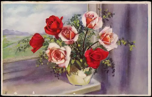 Ansichtskarte  Künstlerkarte - Rosen in Vase vor Fenster 1932