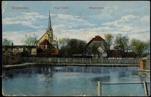 Postcard Bojanowo (b Rawitsch Rawicz) Kirche und Schule 1917  gel. Feldpost