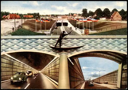 Rendsburg Straßen Tunnel Nord-Ostsee-Kanal, VW Käfer, Mehrbild-AK 1961