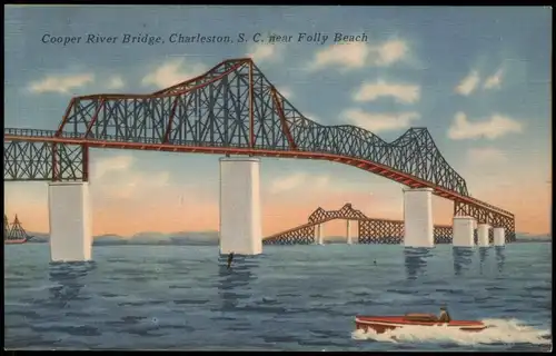 Postcard Charleston Cooper River Bridge, S. C. near Folly Beach 1932