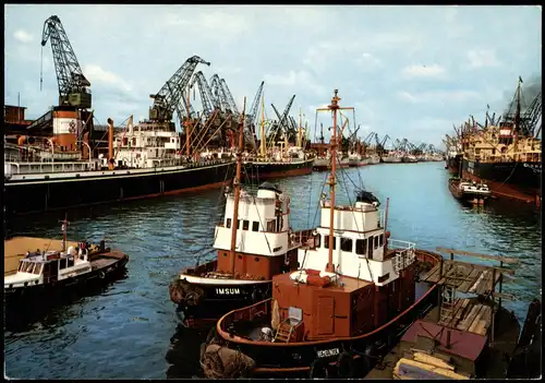 Ansichtskarte Bremen Freihafen, Schiffe beim Ent-/Beladen 1970
