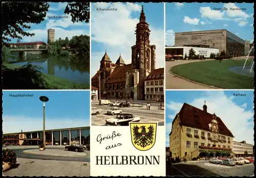 Heilbronn Mehrbild-AK mit Festhalle Harmonie Hauptbahnhof Rathaus 1970
