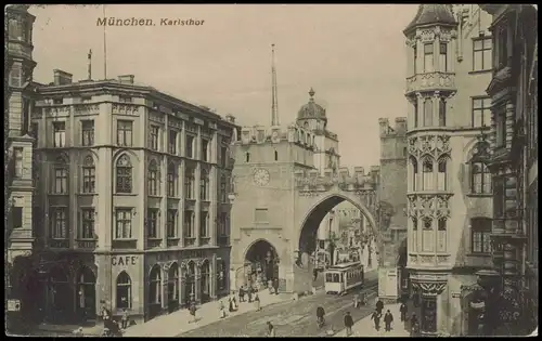 Ansichtskarte München Karlstor, Tram, Straßen Ansicht mit Café 1908