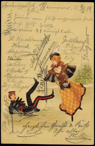 Künstlerkarte a  Soldat Frau 1899  gel. Briefmarke Privatpost Mercur Hannover