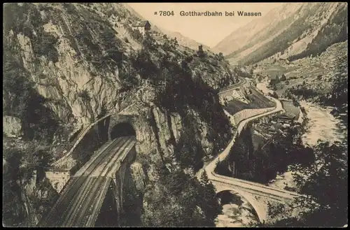 Ansichtskarte .Schweiz Gotthardbahn bei Wassen, Ferrovia del Gottardo 1910